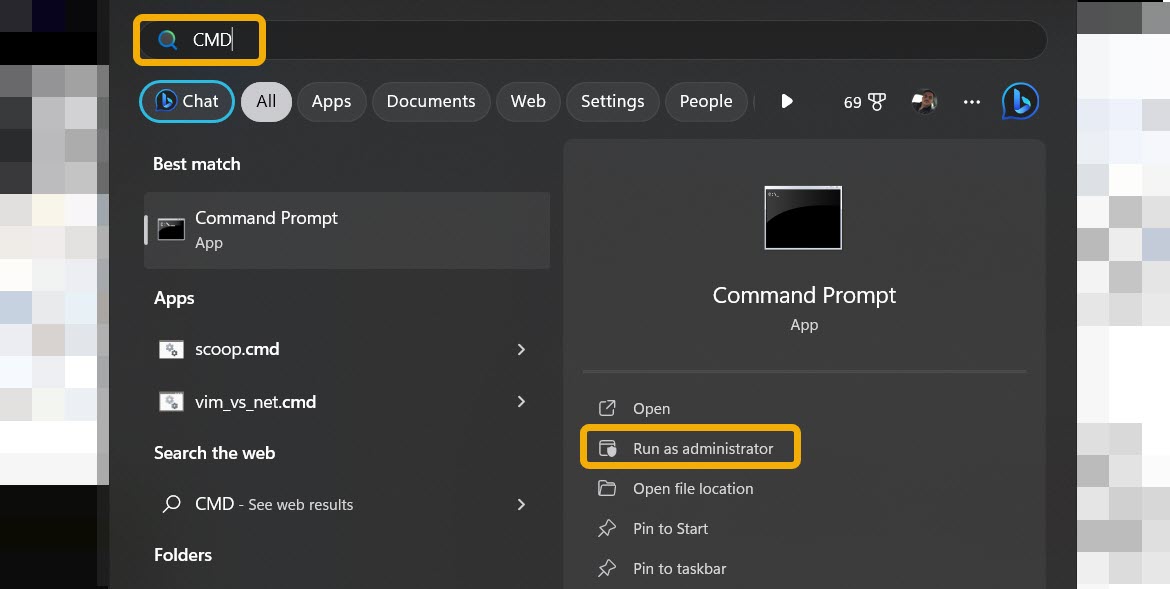 Running Command Prompt as administrator from Search.