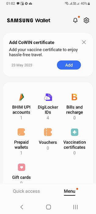 App homescreen of Samsung Wallet.