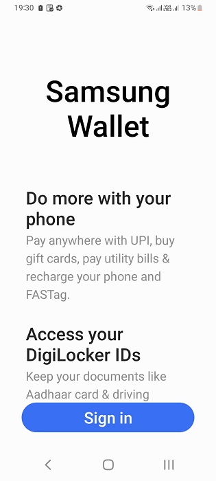 Samsung Wallet home screen on a Samsung Galaxy phone.