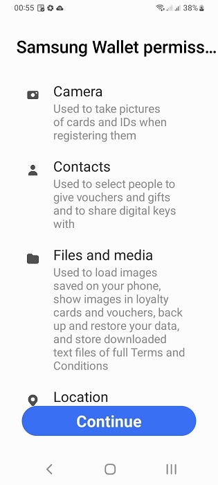 Standard permissions granted for Samsung Wallet app.