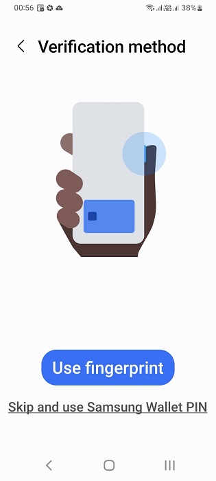 Verification methods available in Samsung Wallet including fingerprinting.