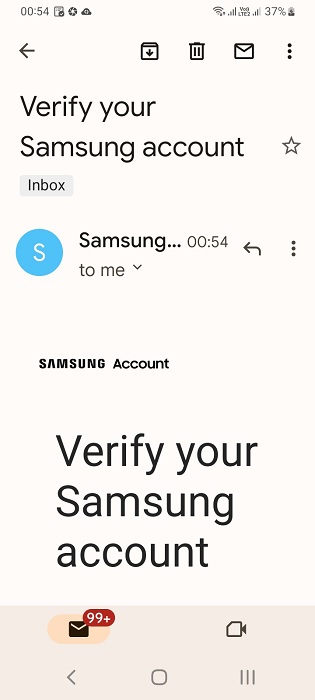 Verifying a Gmail email account used for Samsung.