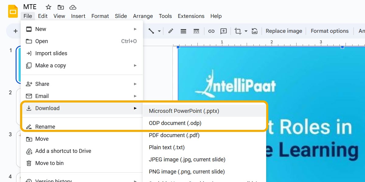Downloading options in Google Slides.
