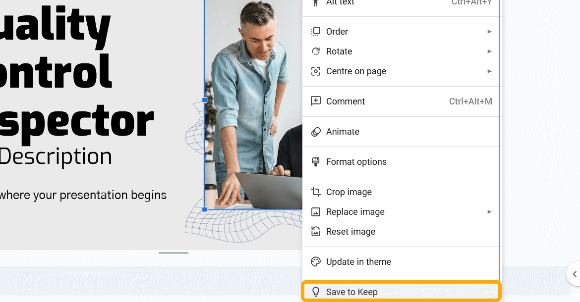 Clicking on "Save to Keep" option in Google Slides presentation.