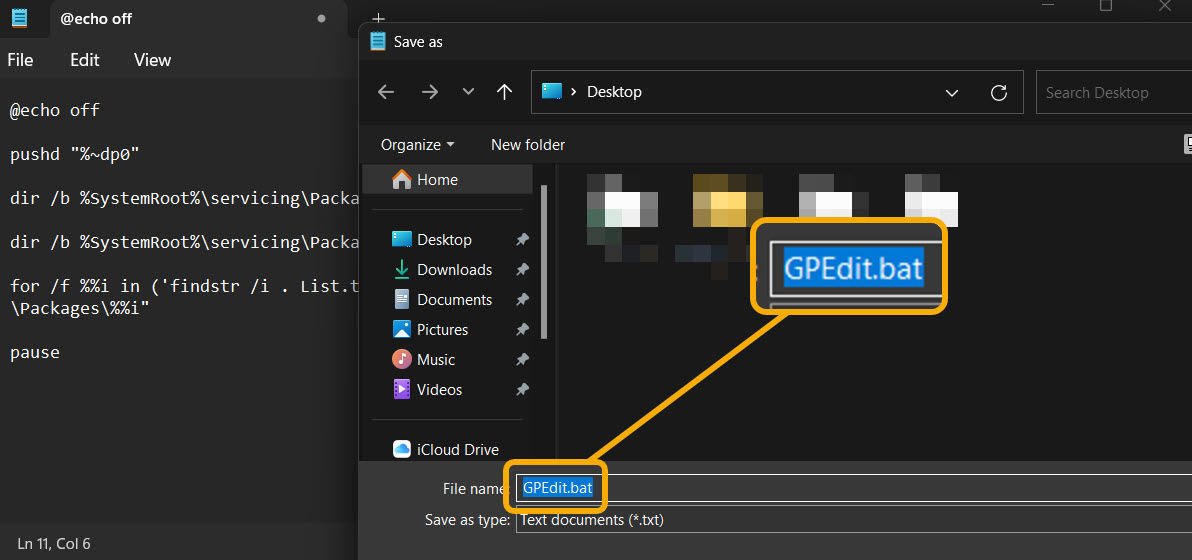 Saving Notepad file as .BAT. 
