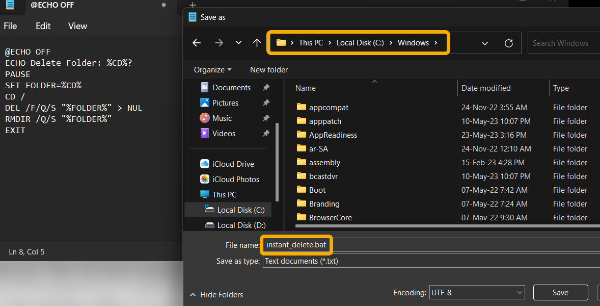 Saving newly created file to Windows folder on C: