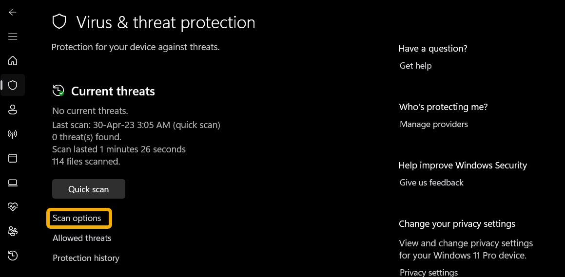 Clicking on "Scan options" button in Virus & threat protection.
