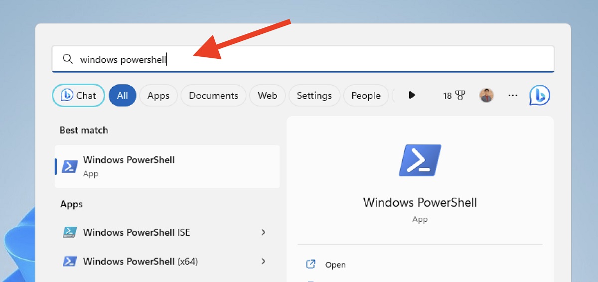 Searching for "Powershell" via Windows Search. 