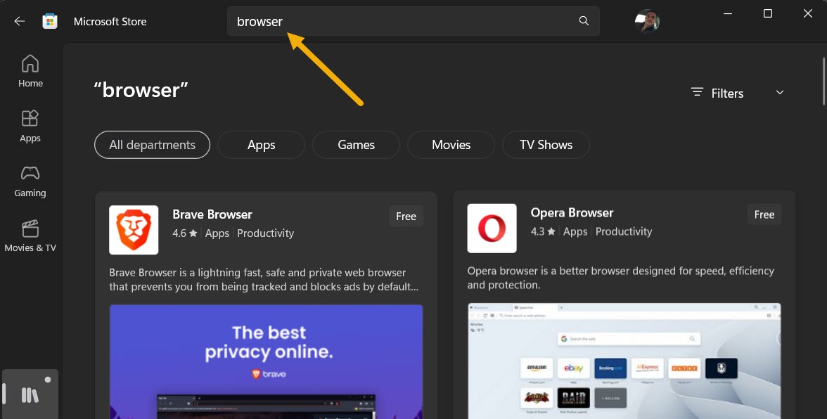 Searching for browsers in Microsoft Store. 