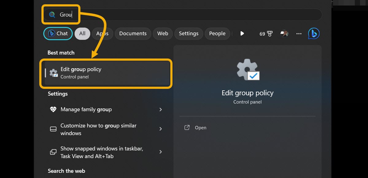 Clicking on "Edit group policy" option in Windows Search. 