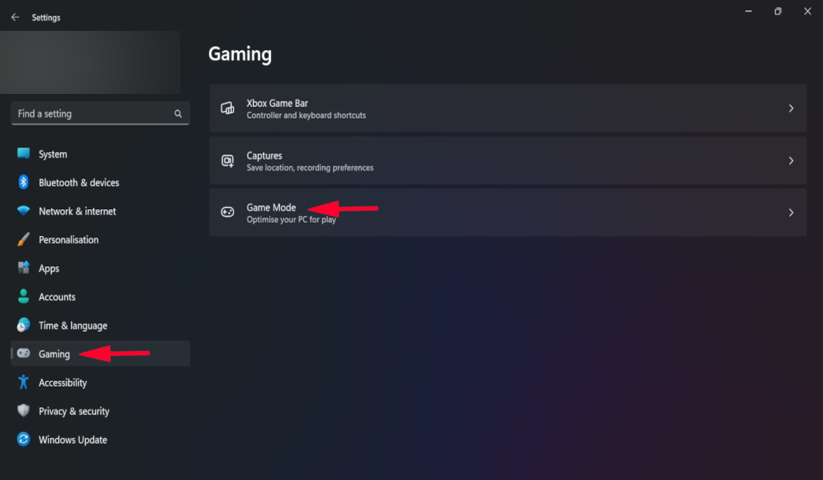 Navigate to "Game Mode" under "Gaming" in Windows Settings. 