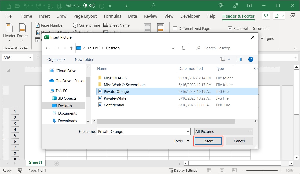 Insert button for a header image in Excel