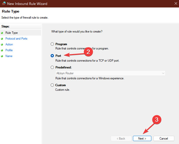 Select Port To Create A New Rule
