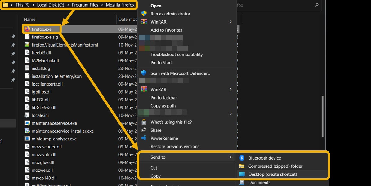 Creating a desktop shortcut for EXE file in File Explorer.