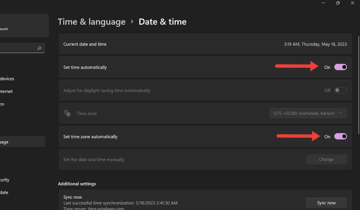 Enabling "Set time automatically" and "Set time zone automatically" options in Windows Settings.