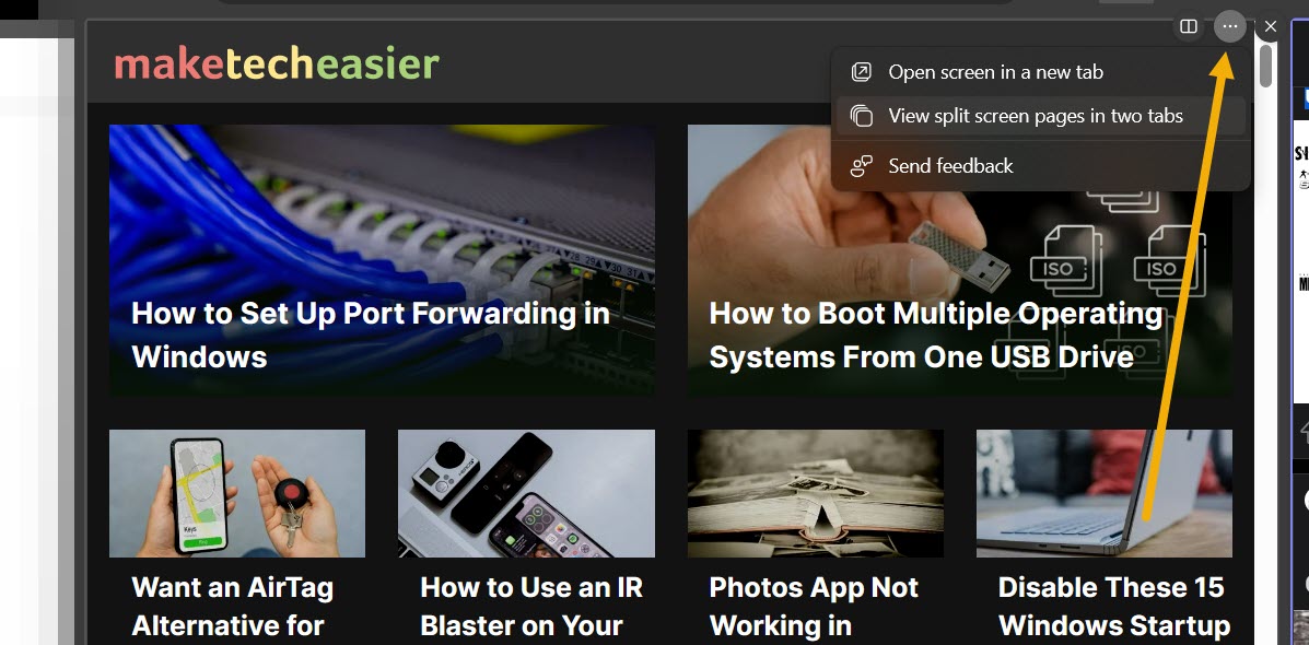 Clicking on three dot icon to reveal more split screen settings in Microsoft Edge. 