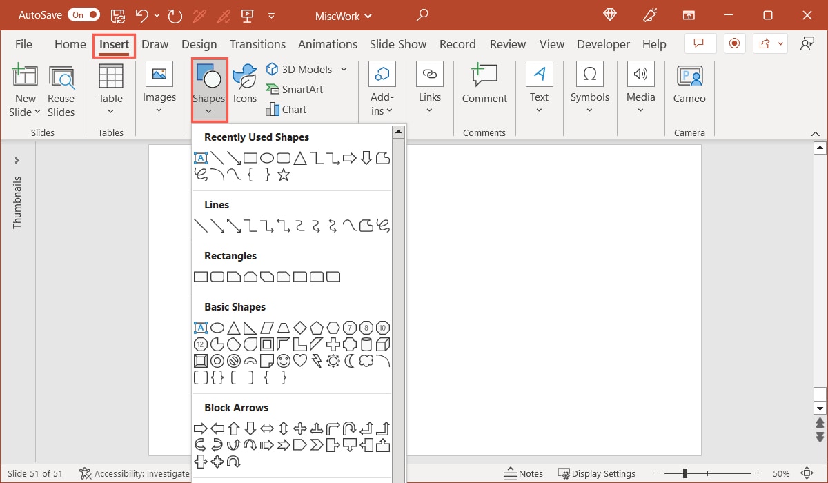 Shapes on the Insert tab in PowerPoint