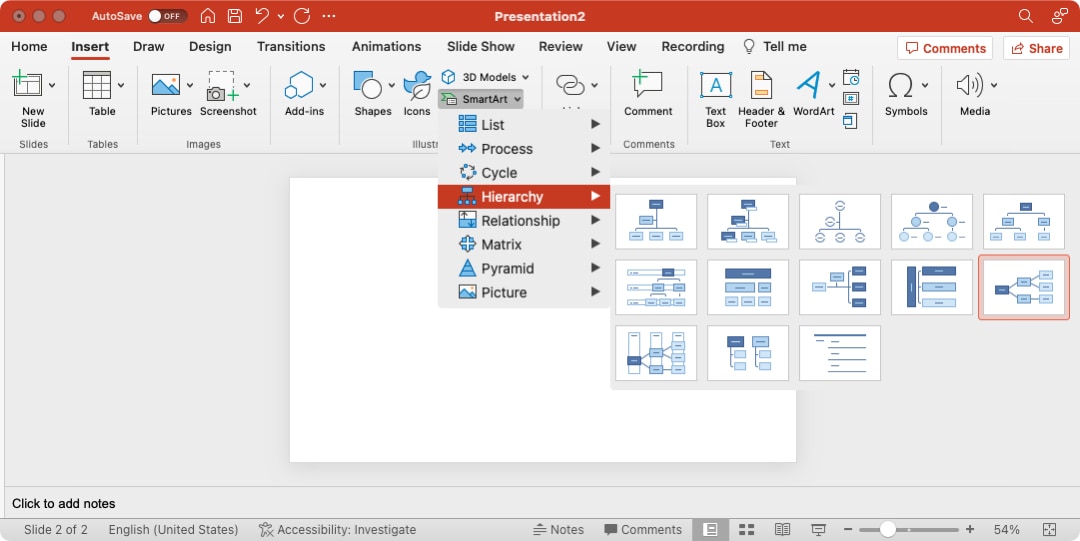 SmartArt options in PowerPoint on Mac
