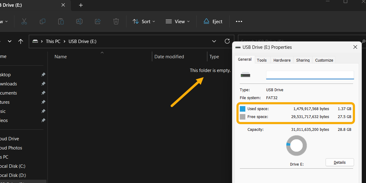 Space continues to be occupied after deletion on USB drive.