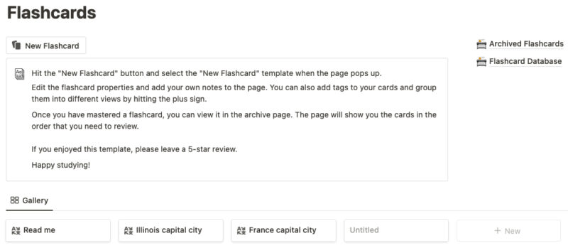 Spaced Repetition Flashcards template main page