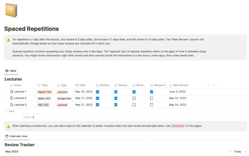 Spaced Repetition template main page