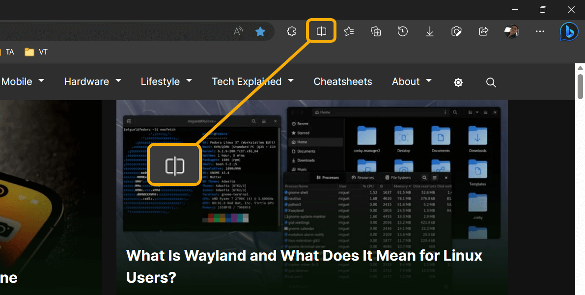 Clicking the Split Screen button in Microsoft Edge. 