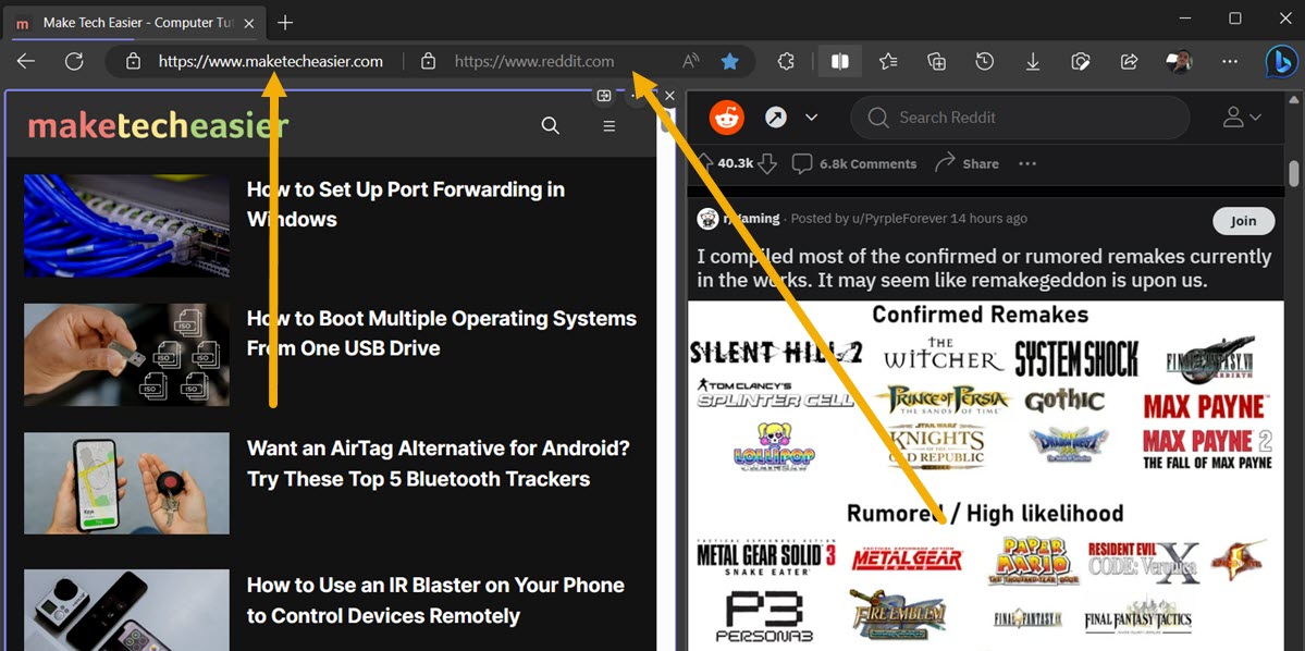 Split screen view with two options open in Microsoft Edge. 
