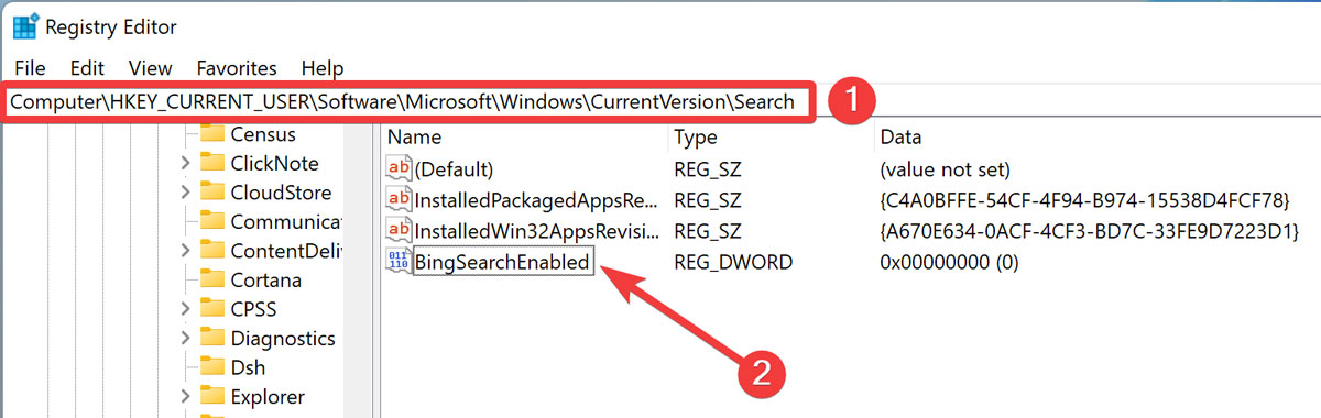 Start Menu Accessing The Bing Registry Key