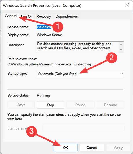 Start Menu Adusting Windows Search Service Settings