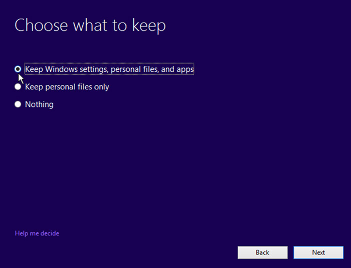 Start Menu Choosing What To Keep During Windows Installation