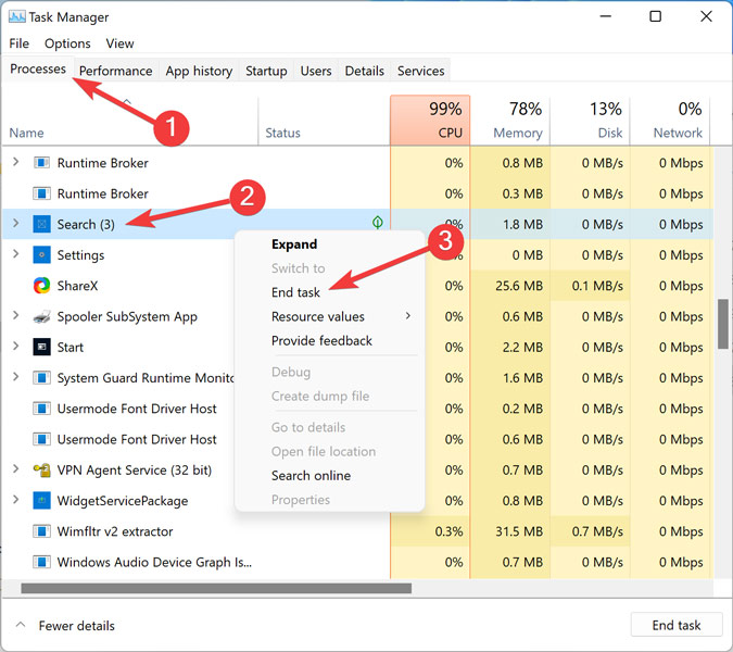 Start Menu Ending Windows Search On Task Manager