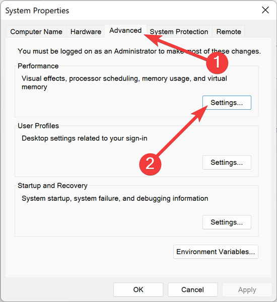 Start Menu Opening Advanced Performance Settings
