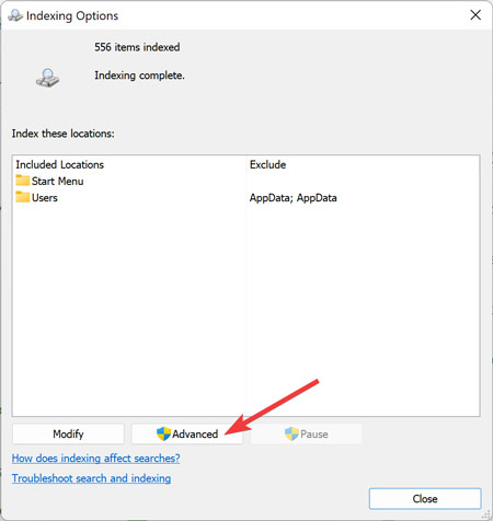 Start Menu Opening Advanced From Indexing Options