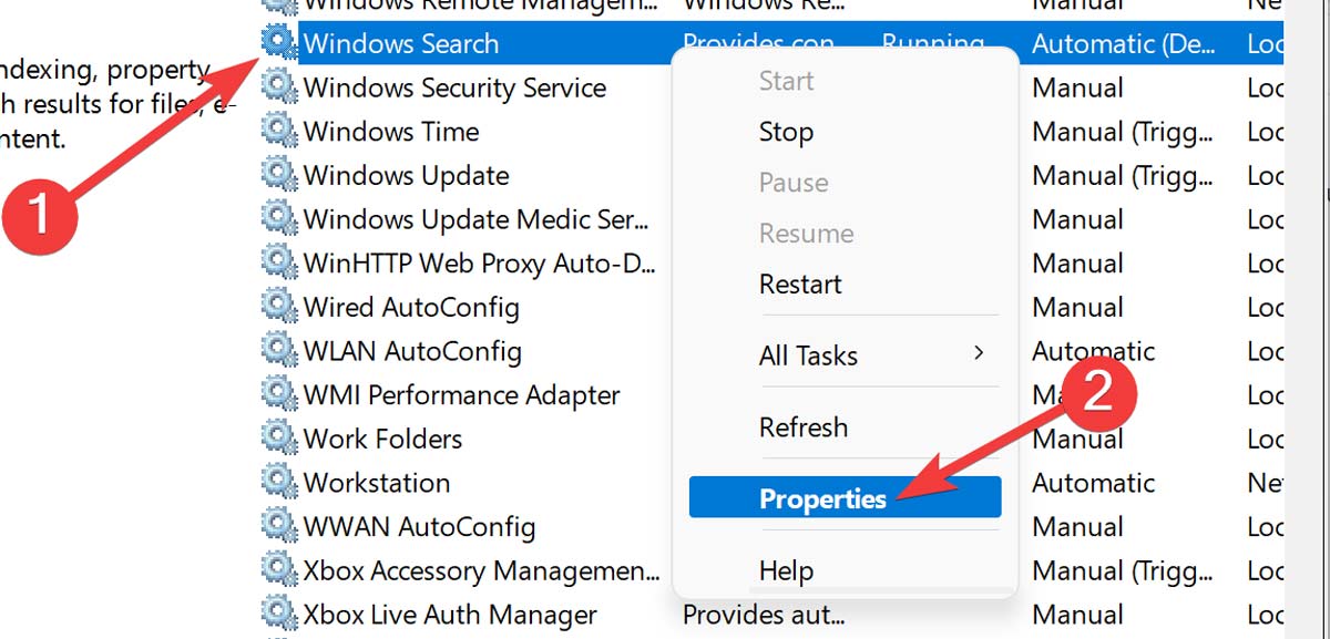 Start Menu Opening Windows Search Service Properties
