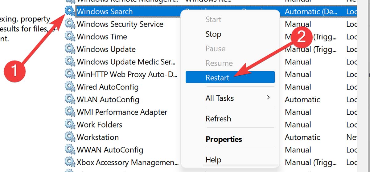 Start Menu Restarting Windows Search Service