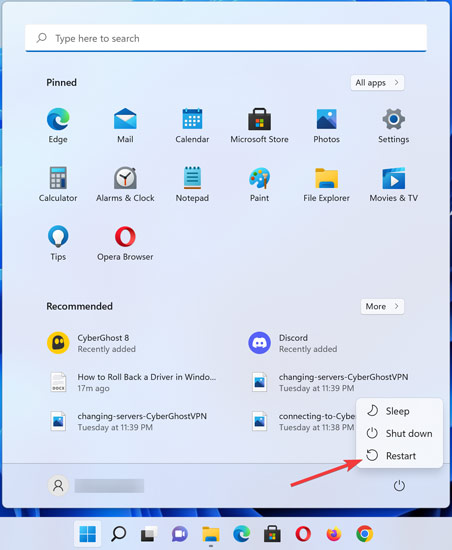 Start Menu Restarting Windows