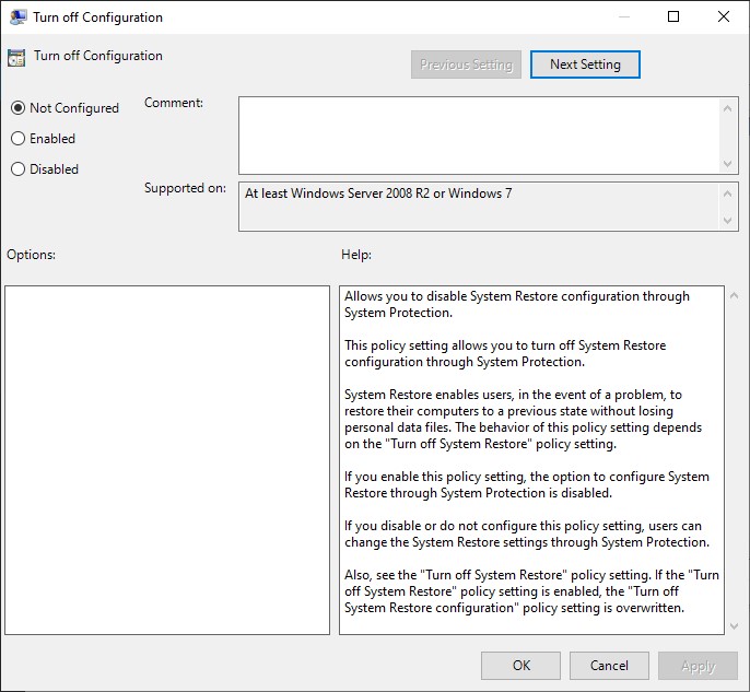 Setting "Turn off Configuration" option in Group Policy to "Not configured."