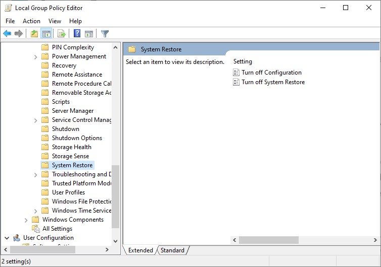 Navigating to System Restore in Group Policy.