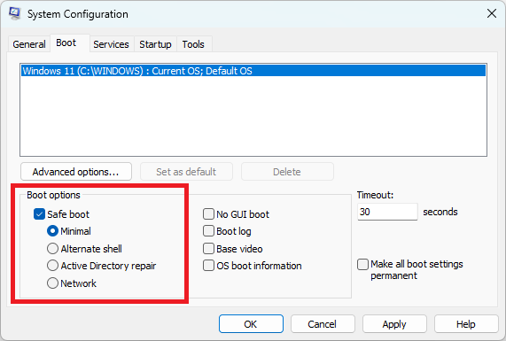 "Safe boot" options in System Configuration window.