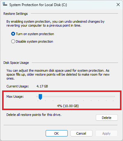 Assigning disk space using Max Usage slider in System Properties.