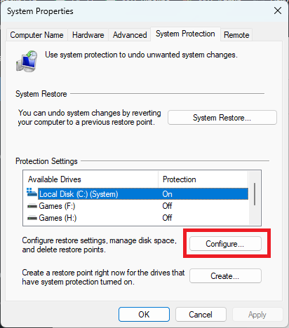 Clicking on "Configure" button in System Properties.