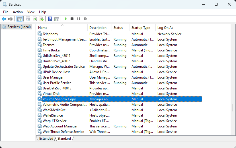 Finding "Volume Shadow Copy" entry in Services app.