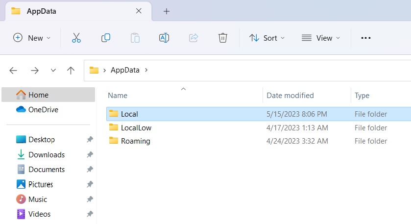 Click Local subfolder in AppData folder. 