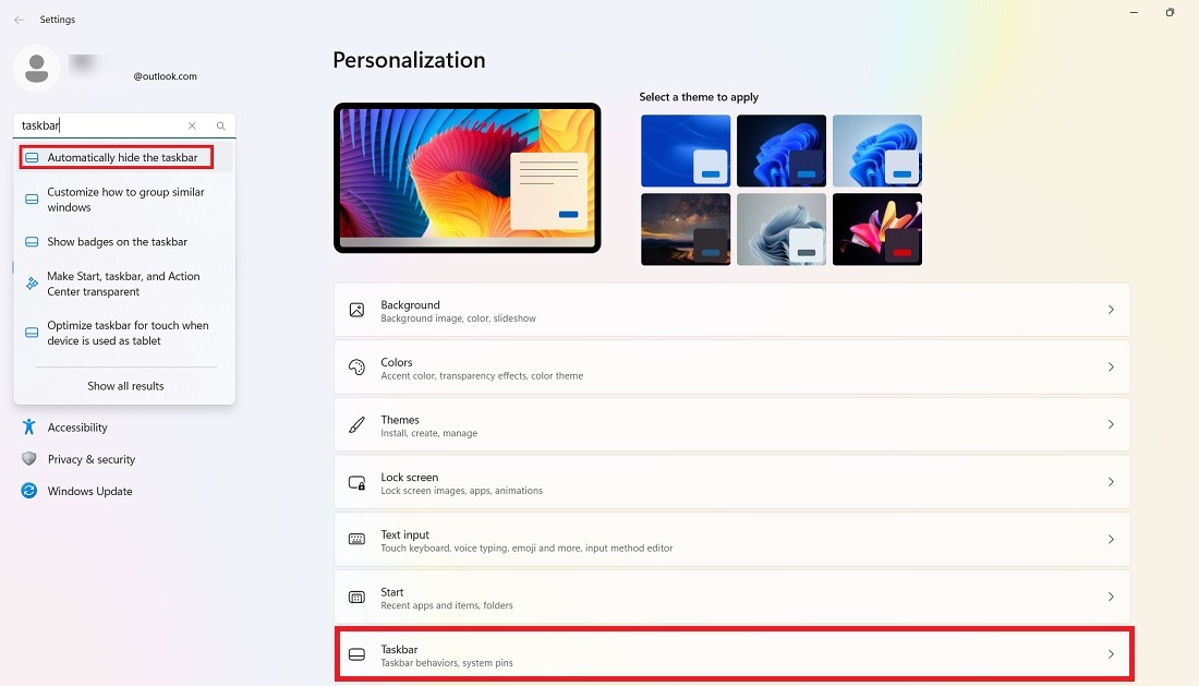 Choose Automatically hide the taskbar through search option in Personalization settings. 