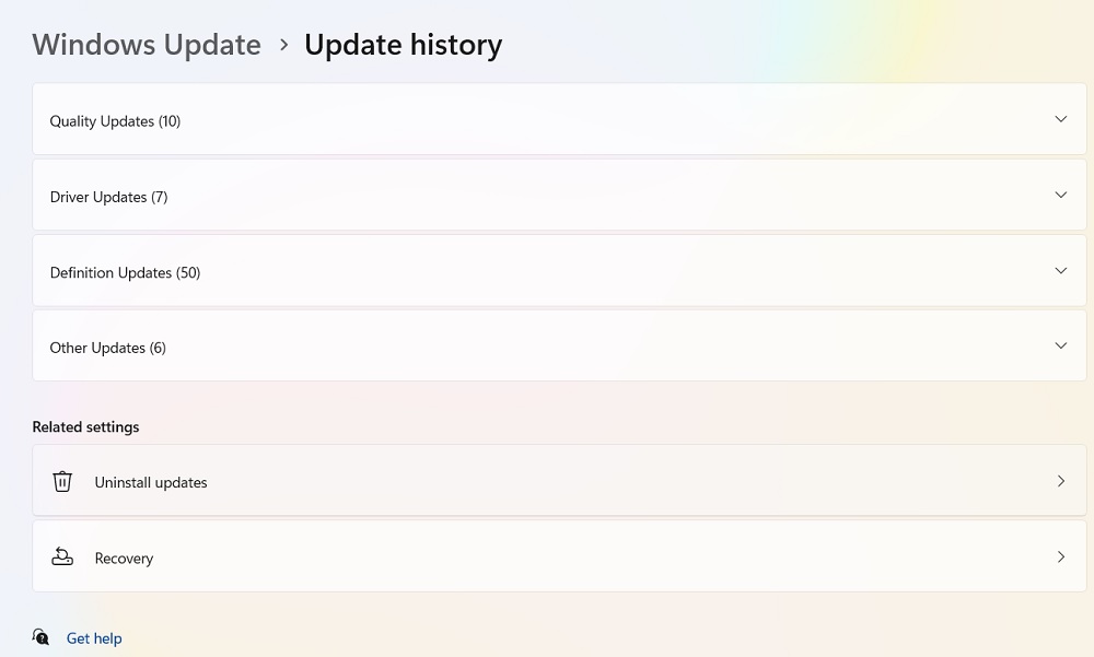 Click Uninstall updates in Update History.