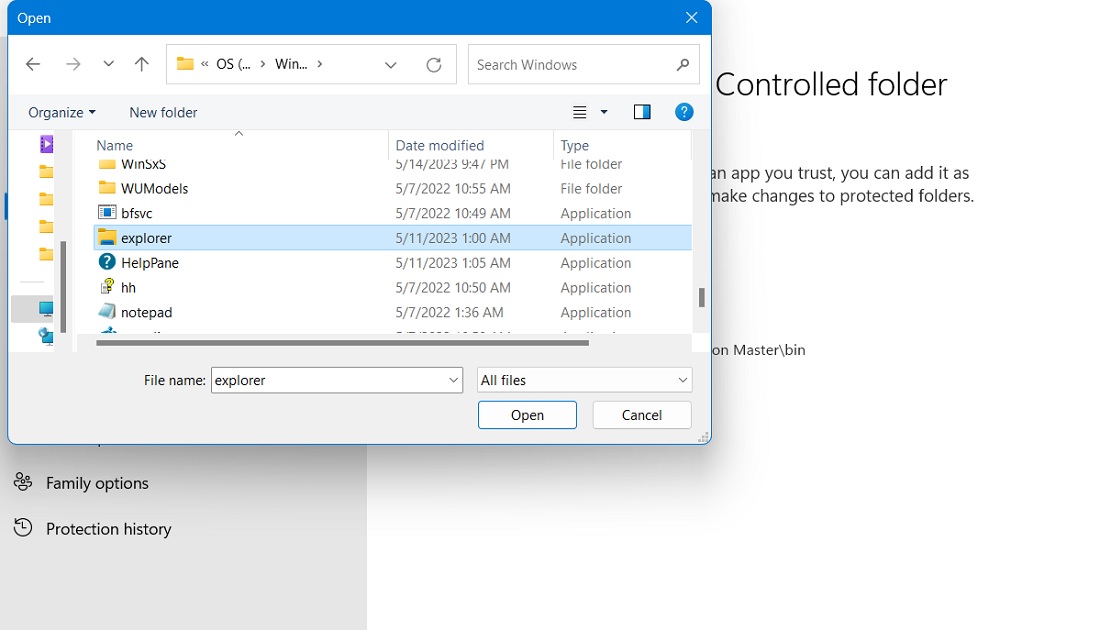 Add Explorer as an exception in Controlled Folder Access.
