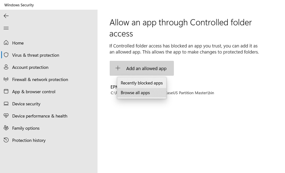 Click browse all apps under Allow an app for controlled folder access. 