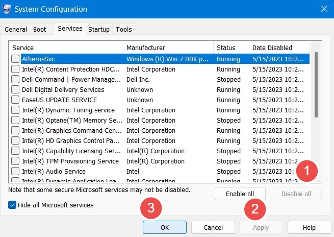 Disable all non-Microsoft Services, click Apply followed by OK. 