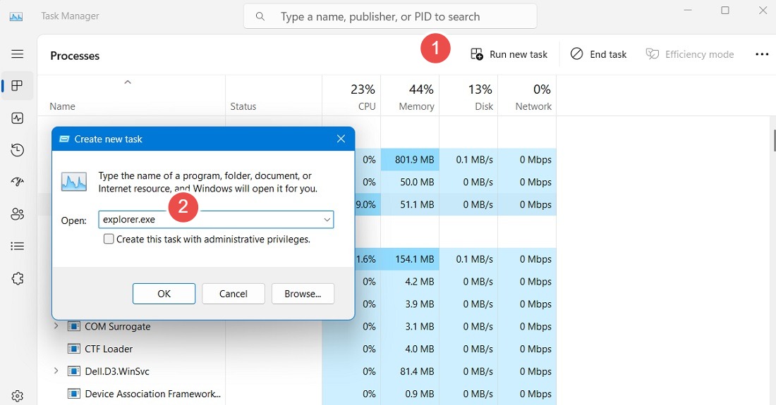 Run new task in Task Manager and type explorer.exe in Create new task. 