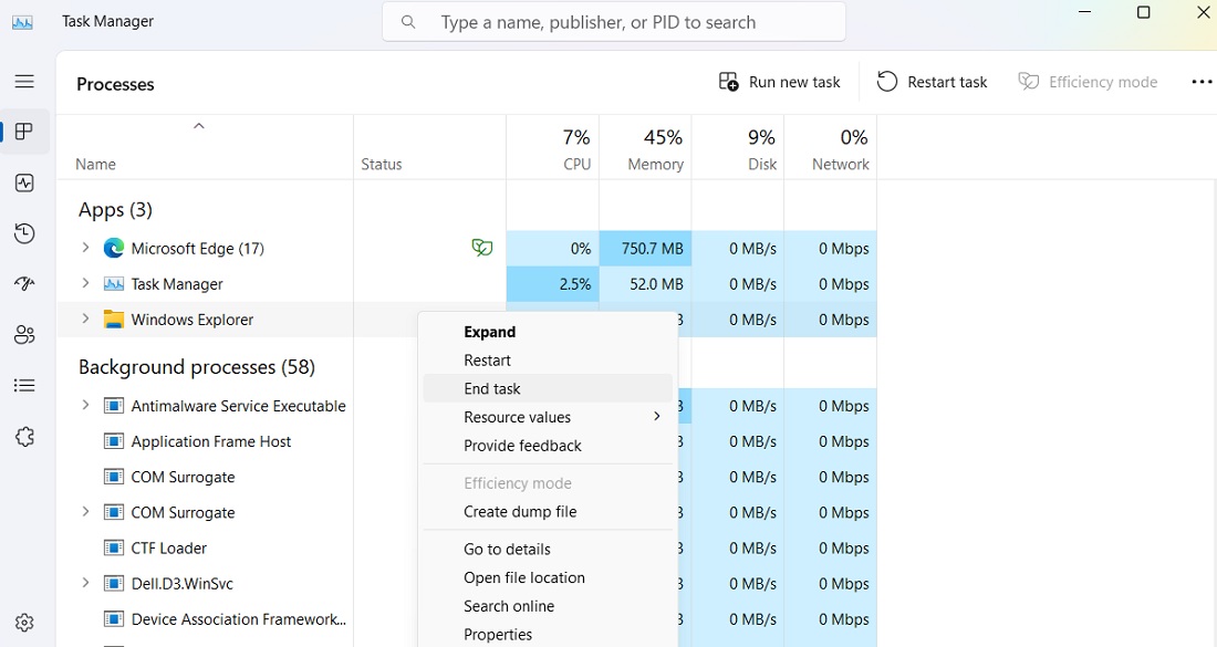 End task of Windows File Explorer in Task Manager. 